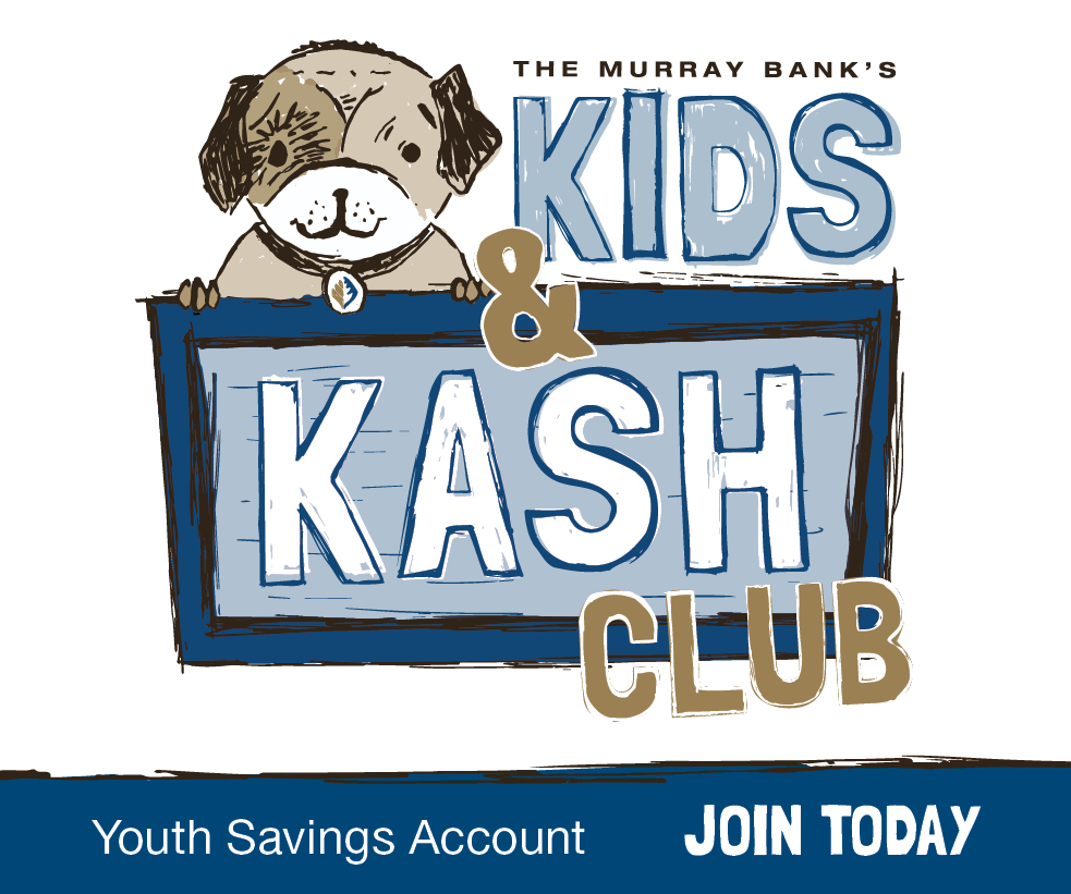 The Murray Bank Kids & Kash Club graphic featuring a dog mascot and information about earning stamps for saving, good grades, and community involvement.