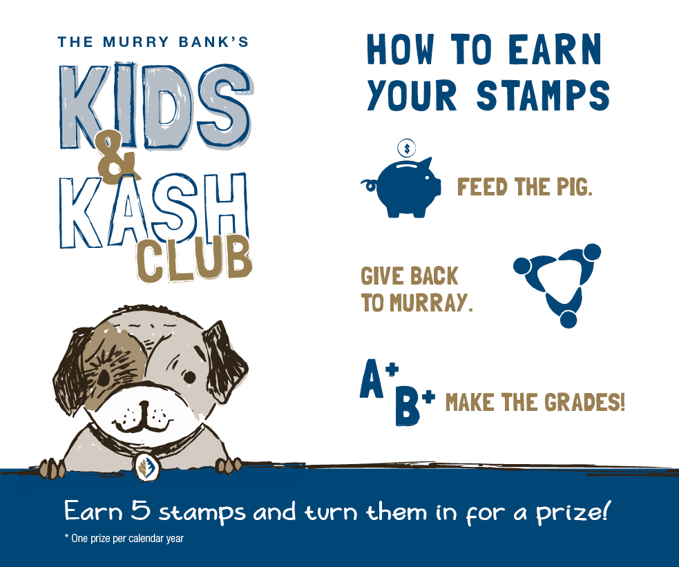 The Murray Bank Kids & Kash Club graphic featuring a dog mascot and information about earning stamps for saving, good grades, and community involvement.